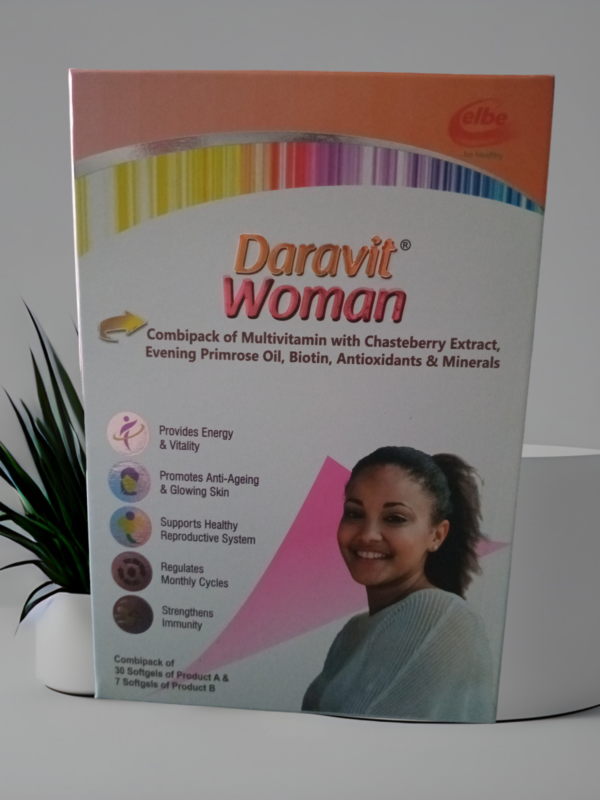 Daravite Woman With Evening Primerose and ChasteBerry Extract. (Health & Vitality) - Buy Women's vitamins/food supplements good for the overall wellbeing of women, boost energy, Relieves stress, boost immunity, skin and hormonal balance. Buy Now and get 20% discount off + FREE Delivery anywhere in Lagos.